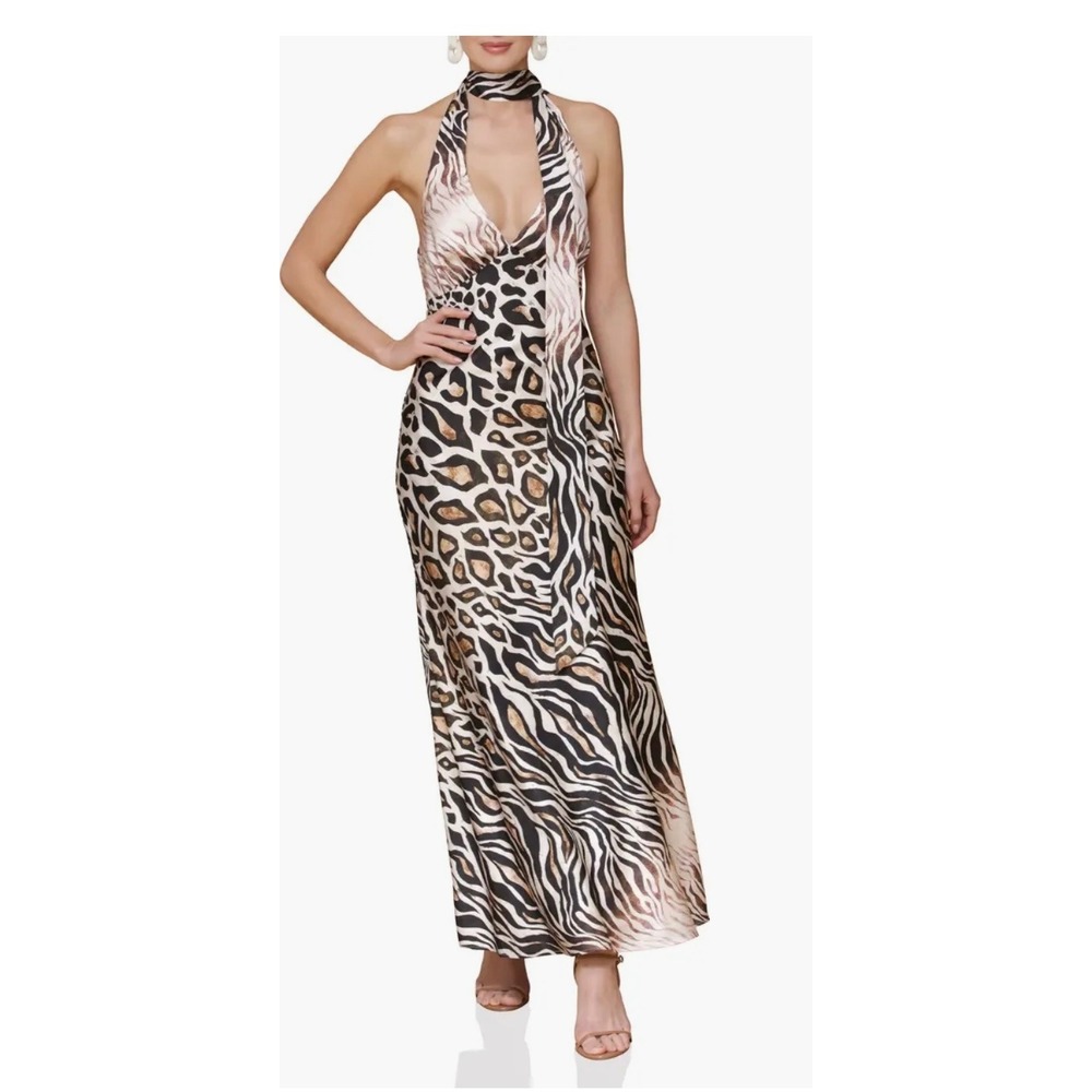 Avec Les Filles Animal Print Halter Maxi Dress Leopard Zebra Tiger Gown 8